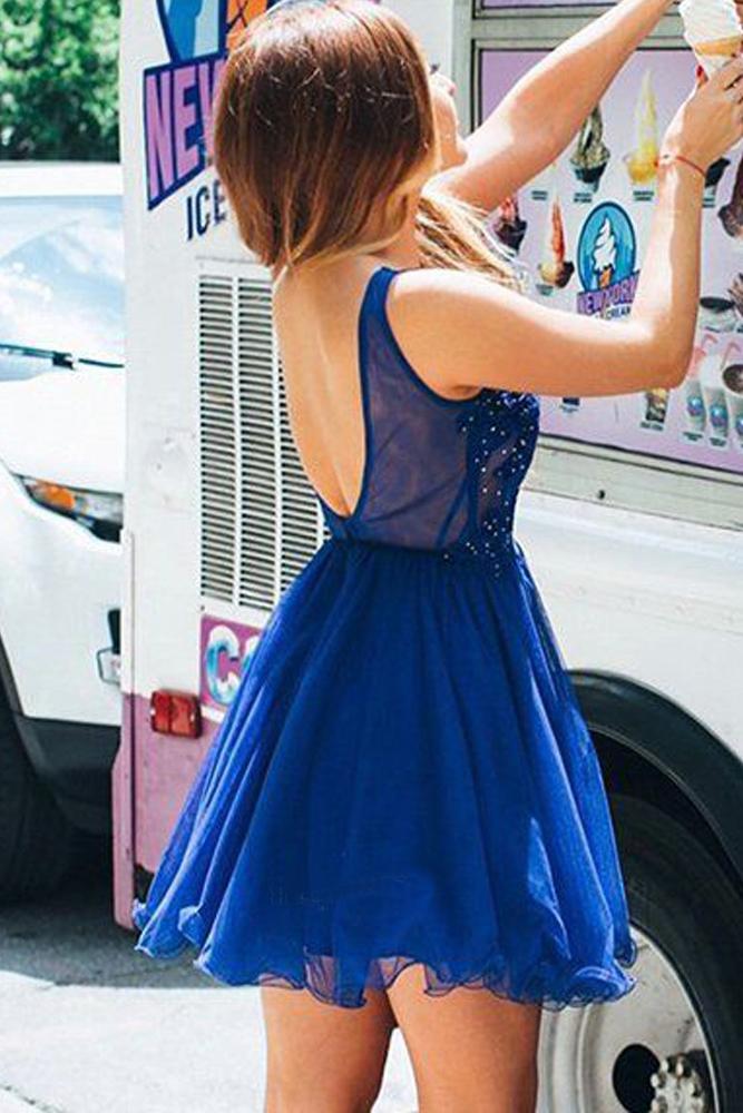 Cute A Line V Neck Chiffon Beads Royal Blue Short Homecoming Dresses with Appliques WK936