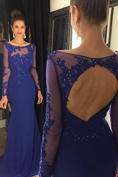 Open Back Long Sleeve Scoop Royal Blue Mermaid Floor-Length Beads Sexy Prom Dresses WK40