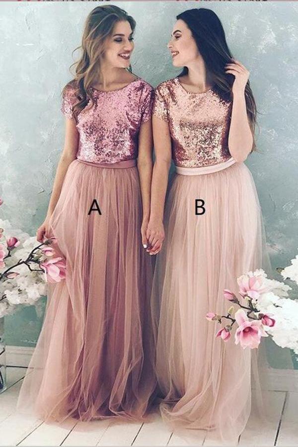 A Line Top Blush Sequin Lovely Two Piece Tulle Round Neck Cheap Bridesmaid Dresses WK832