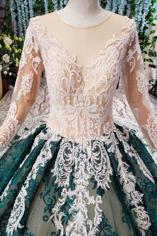 Green Long Sleeves Ball Gown Lace Prom Dress WK567