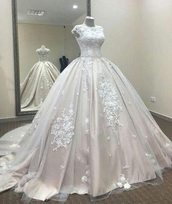 Ball Gown A Line Lace Tulle Appliques Cap Sleeves Scoop Prom Dresses Quinceanera Dress WK812