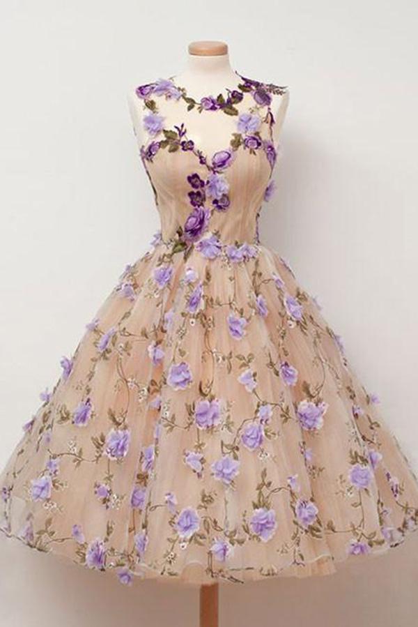 Cute A Line Round Neck Short Tulle Open Back Purple Flowers Homecoming Dresses WK787