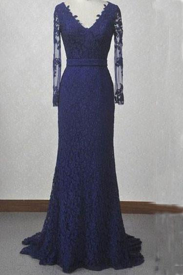 V-Neck Navy Blue Lace Mermaid Long Sleeves Open Back Floor-length Prom Dresses WK310