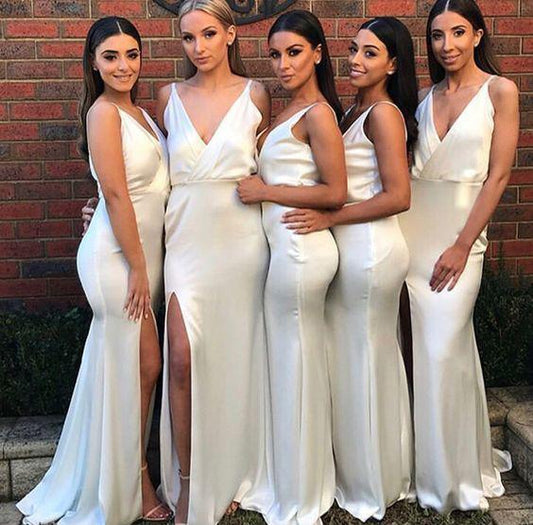 Sexy Mermaid Ivory V Neck Split Long Bridesmaid Dresses Sleeveless Prom Dresses WK918