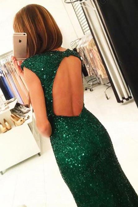 Mermaid Dark Green Open Back Long Cap Sleeves Split-Front Prom Dresses with Sequins WK255