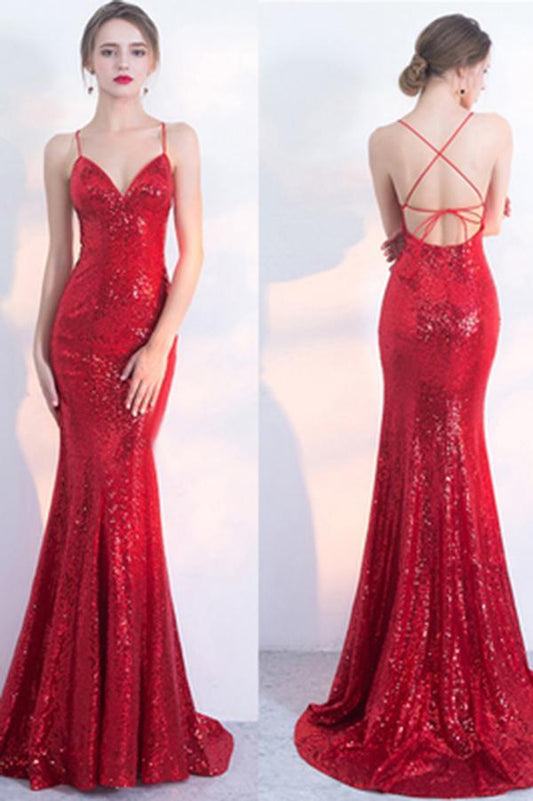 V-Neck Red Mermaid Spaghetti Straps Sparkly Backless Sleeveless Sequins Evening Dresses WK242