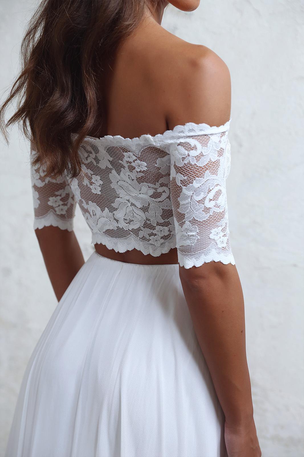 A-Line Long Lace Ivory Chiffon Off the Shoulder Short Sleeve Two Pieces Wedding Dresses WK383