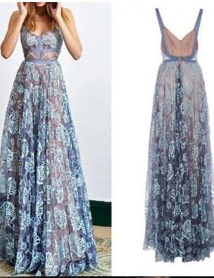 2024 Blue Lace Spaghetti Long A-line Backless V-Neck Sleeveless Prom Dresses WK581