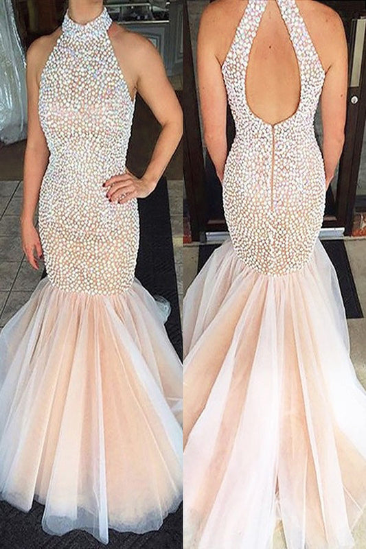 Pearl Pink Mermaid Halter Sleeveless Beading Tulle Floor-Length Long Prom Dresses