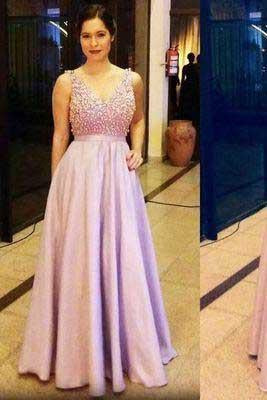 Elegant lavender satin A-line beading long prom dress V-neck sexy dress WK809