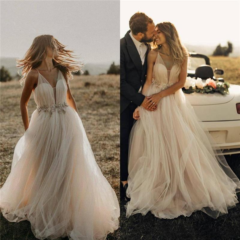 Spaghetti Straps Tulle Deep V-Neck Wedding Dresses, Romantic Bohemian Beach Bridal Dress SWK15421