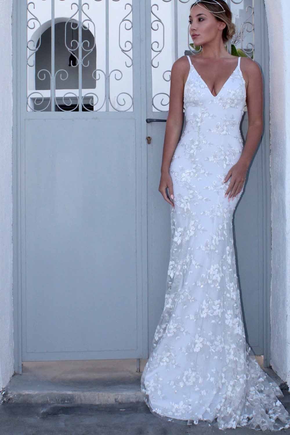 Sexy Backless Off White Mermaid Lace V Neck Wedding Dresses Long Prom SWK13522