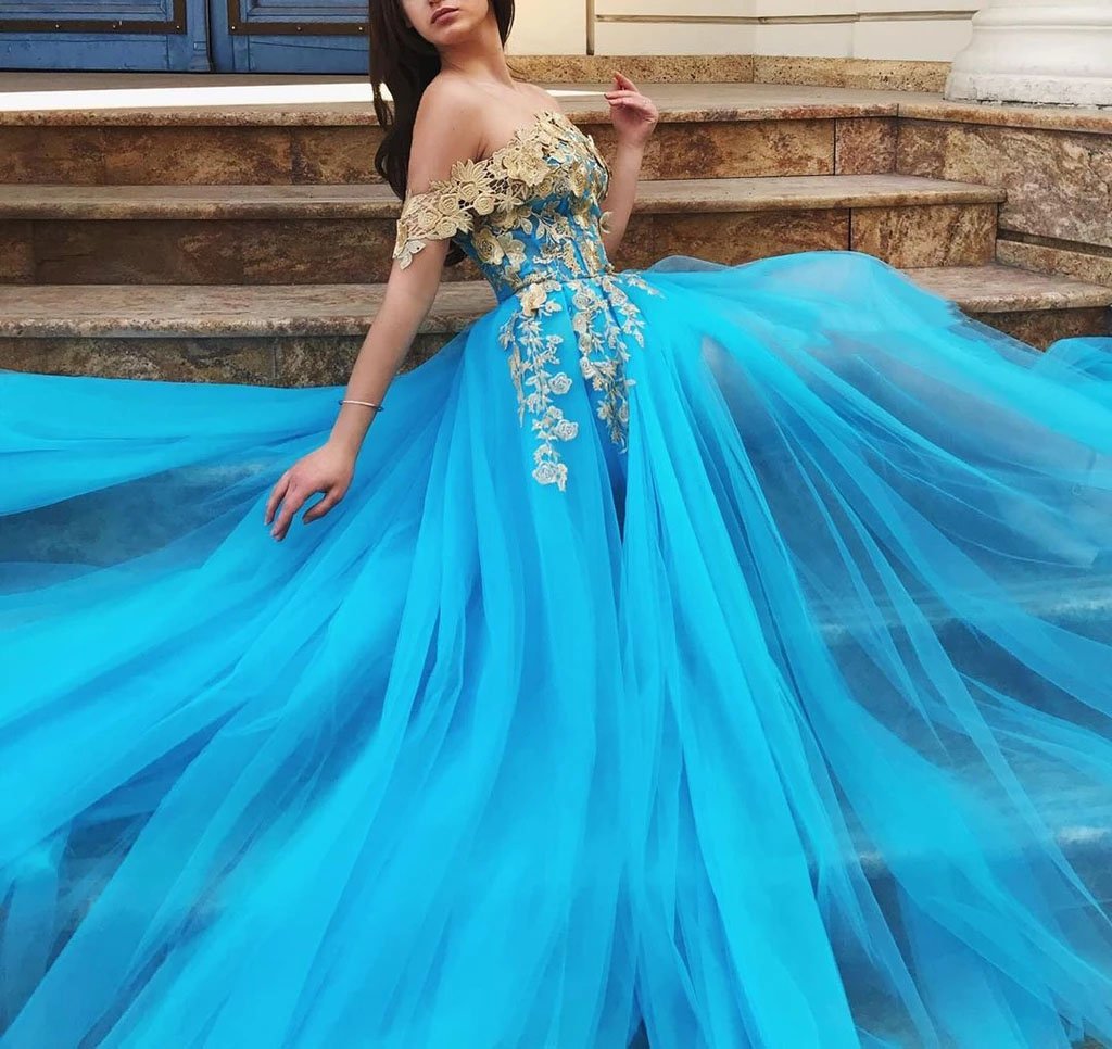 Elegant Off the Shoulder Blue Lace Prom Dresses with Gold Appliques Tulle Party Dresses SWK15187