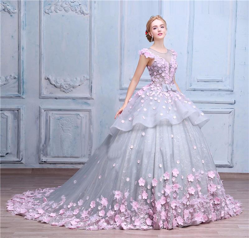 Scoop Ball Gown Gray Tulle Sleeveless Bowknot Empire Waist Wedding Dress with Pink Flowers WK576