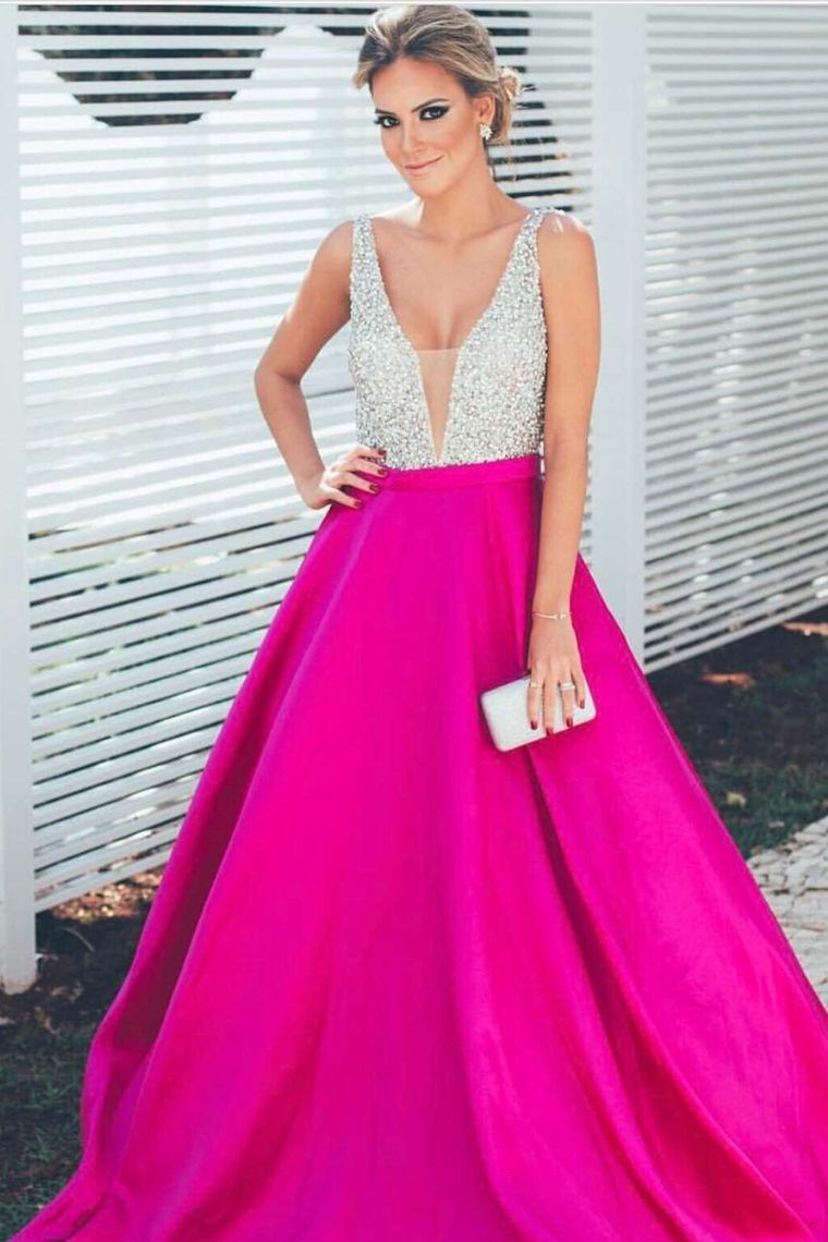Bright Color Prom Dresses A-Line Beaded Bodice Satin A Line Open Back