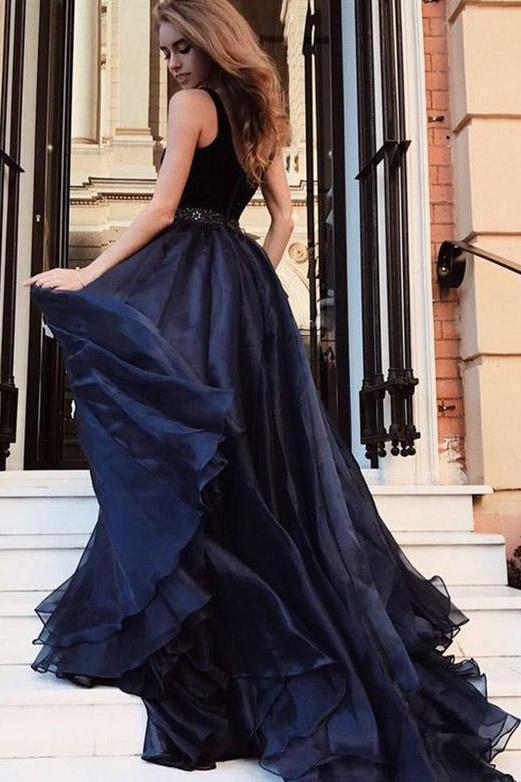 Elegant Deep V Neck Tulle Long Prom Dress With Beading Navy Blue Evening SWK12024