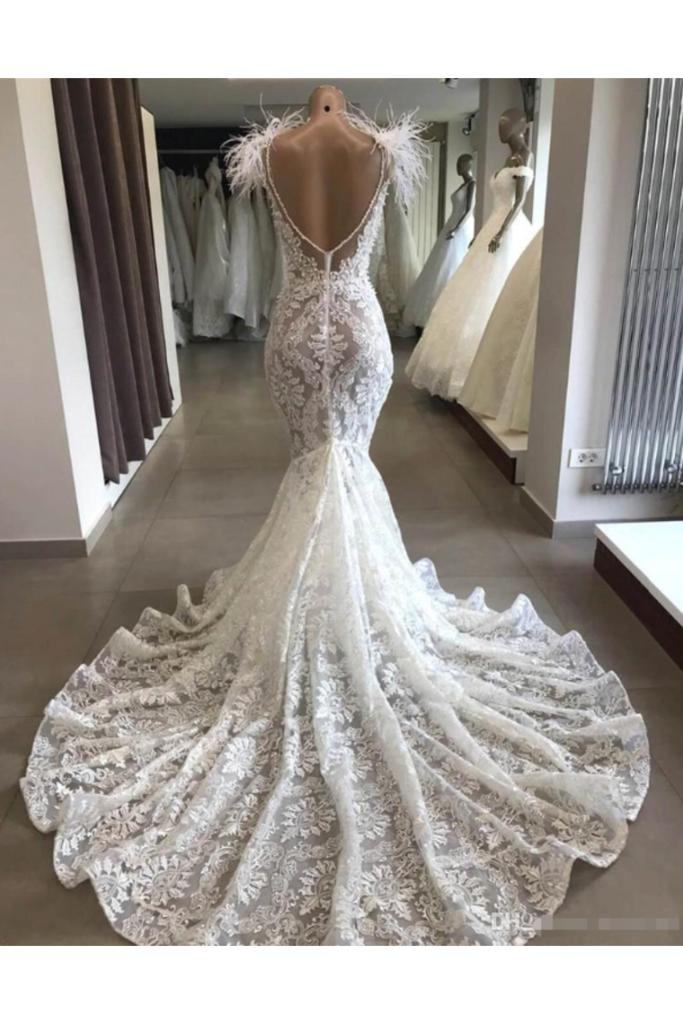 Luxury Lace Mermaid Wedding Dress With Train Sexy Open Back Pearls Wedding SWKPE5AS8YA