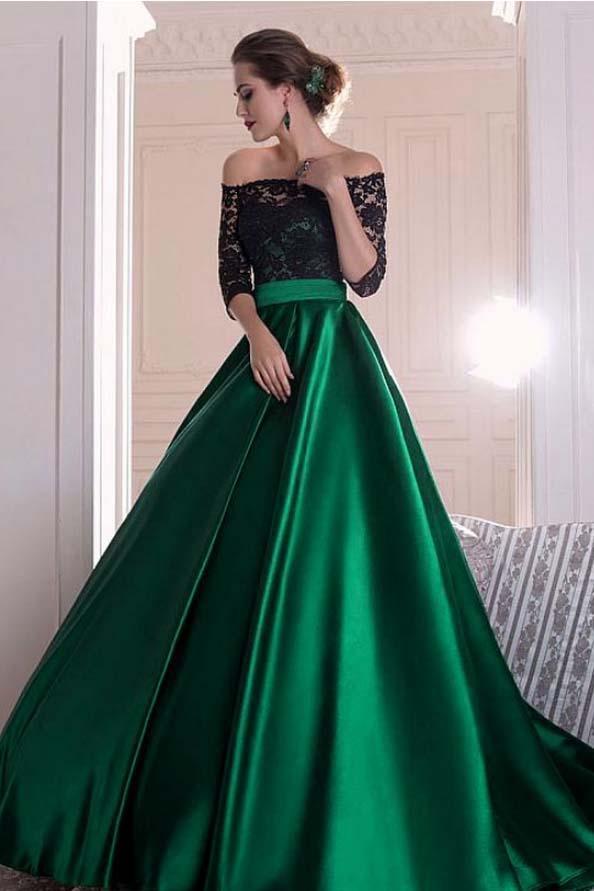 A Line Dark Green Satin Off the Shoulder 3/4 Sleeves Ruffles Lace Prom SWK10215