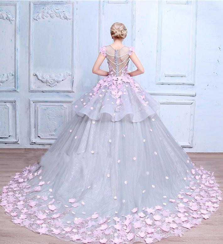 Scoop Ball Gown Gray Tulle Sleeveless Bowknot Empire Waist Wedding Dress with Pink Flowers WK576