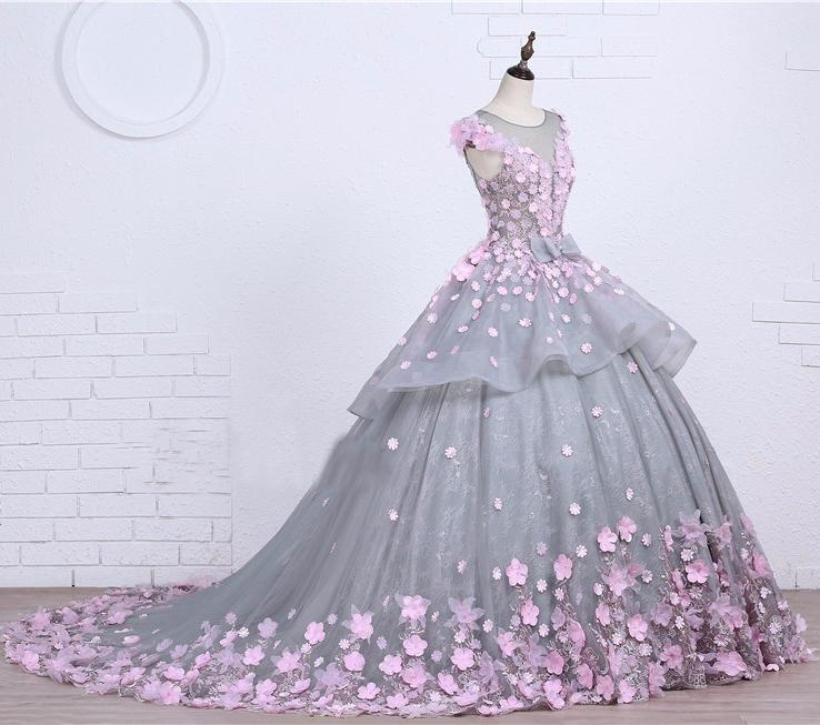 Scoop Ball Gown Gray Tulle Sleeveless Bowknot Empire Waist Wedding Dress with Pink Flowers WK576