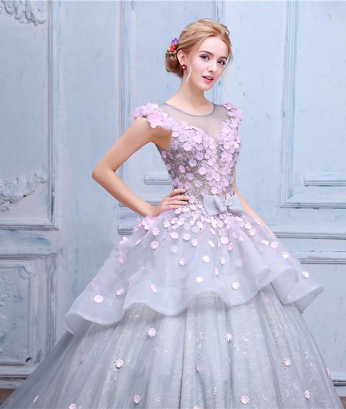 Scoop Ball Gown Gray Tulle Sleeveless Bowknot Empire Waist Wedding Dress with Pink Flowers WK576