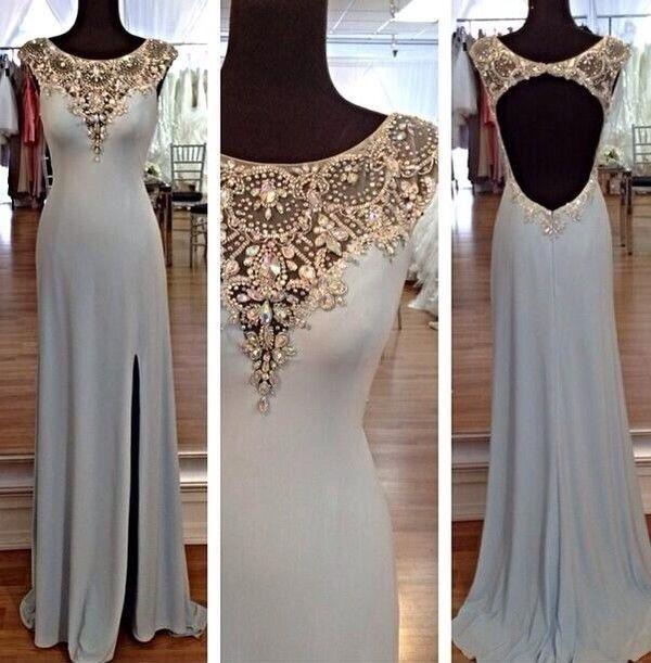 2024 Mermaid Open Back Scoop Slit Cap Sleeve Beads Long Chiffon Elegant Prom SWK10032