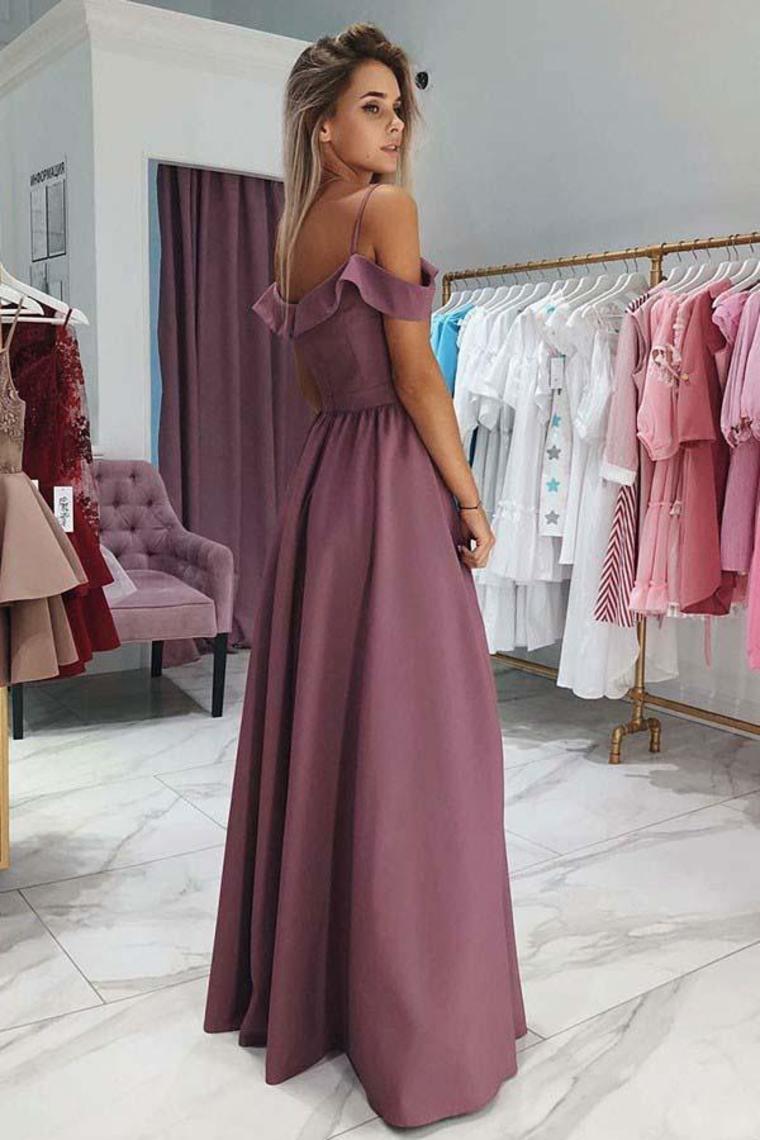 Pretty Off The Shoulder Spaghetti Straps Long Elegant Prom Dresses With Split