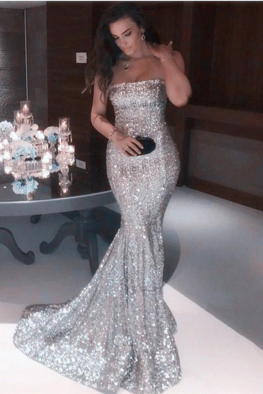 Sexy Mermaid Sequins Strapless Long Evening Dresses, Simple Prom SWK20437