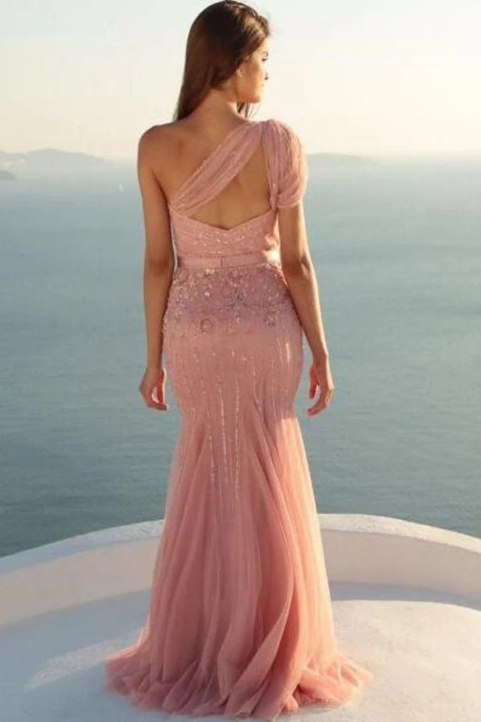 Charming Mermaid One Shoulder Tulle With Beads and Sash Prom SWK15630