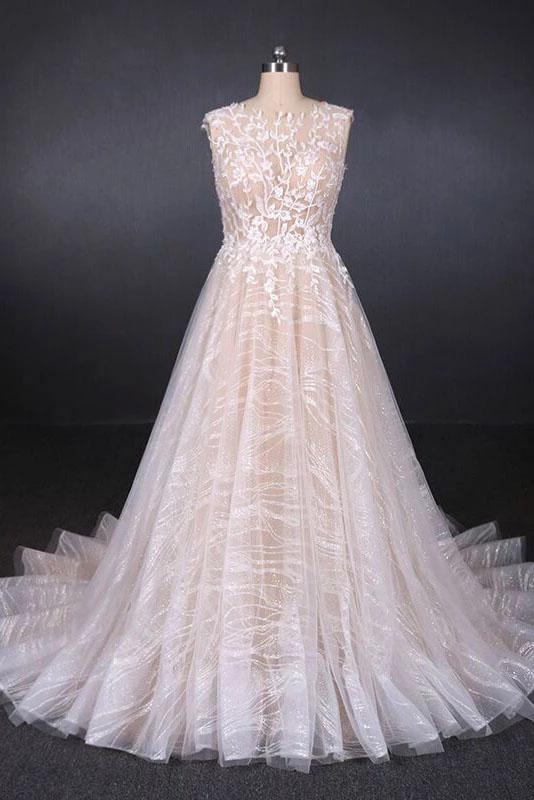 Puffy Lace Off White Wedding Dresses, Elegant A Line Backless Bridal Dresses SWK15311