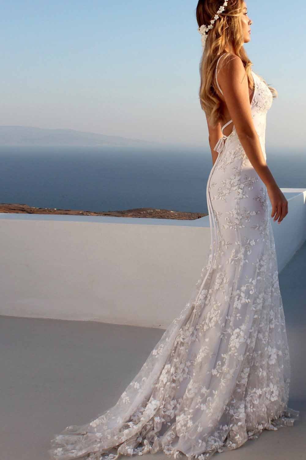 Sexy Backless Off White Mermaid Lace V Neck Wedding Dresses Long Prom SWK13522
