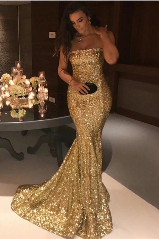 Sexy Mermaid Sequins Strapless Long Evening Dresses, Simple Prom SWK20437