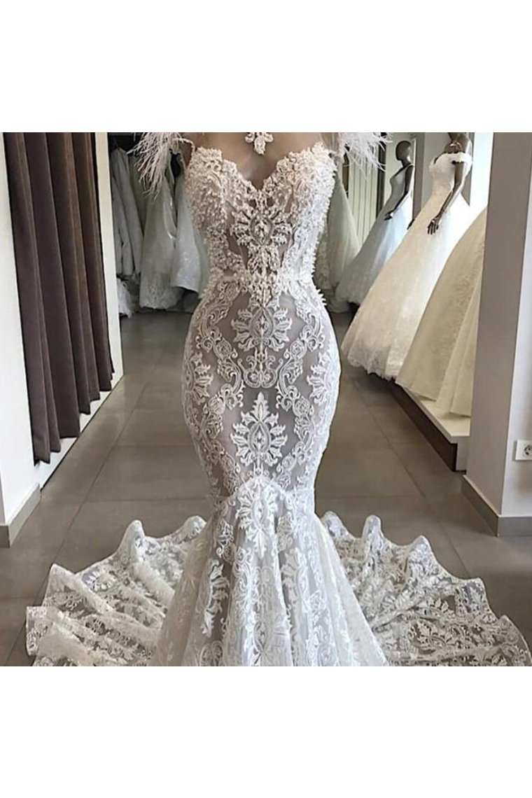 Luxury Lace Mermaid Wedding Dress With Train Sexy Open Back Pearls Wedding SWKPE5AS8YA