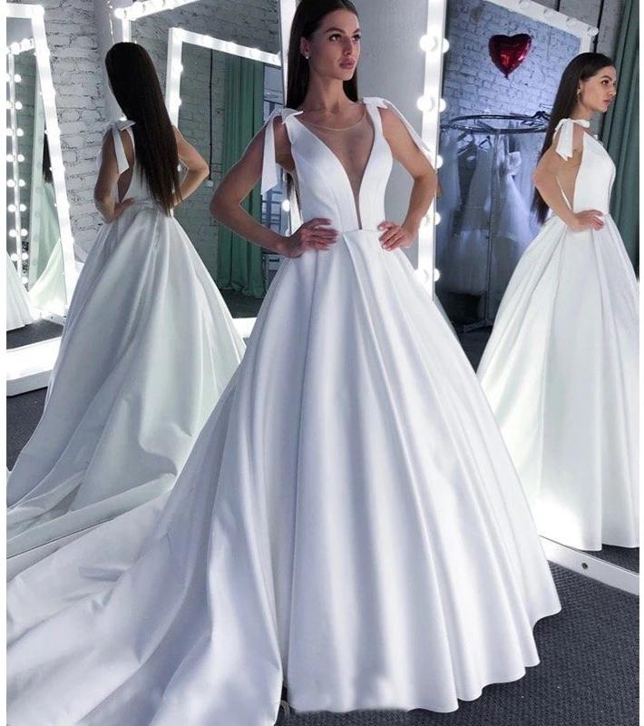 A Line Round Neck White Prom Dresses Bowknot Satin Wedding Dresses SRS15022