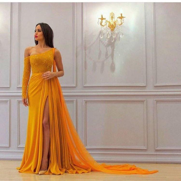 A Line Yellow One Long Sleeve Chiffon Prom Dresses High Slit Formal SWK10744