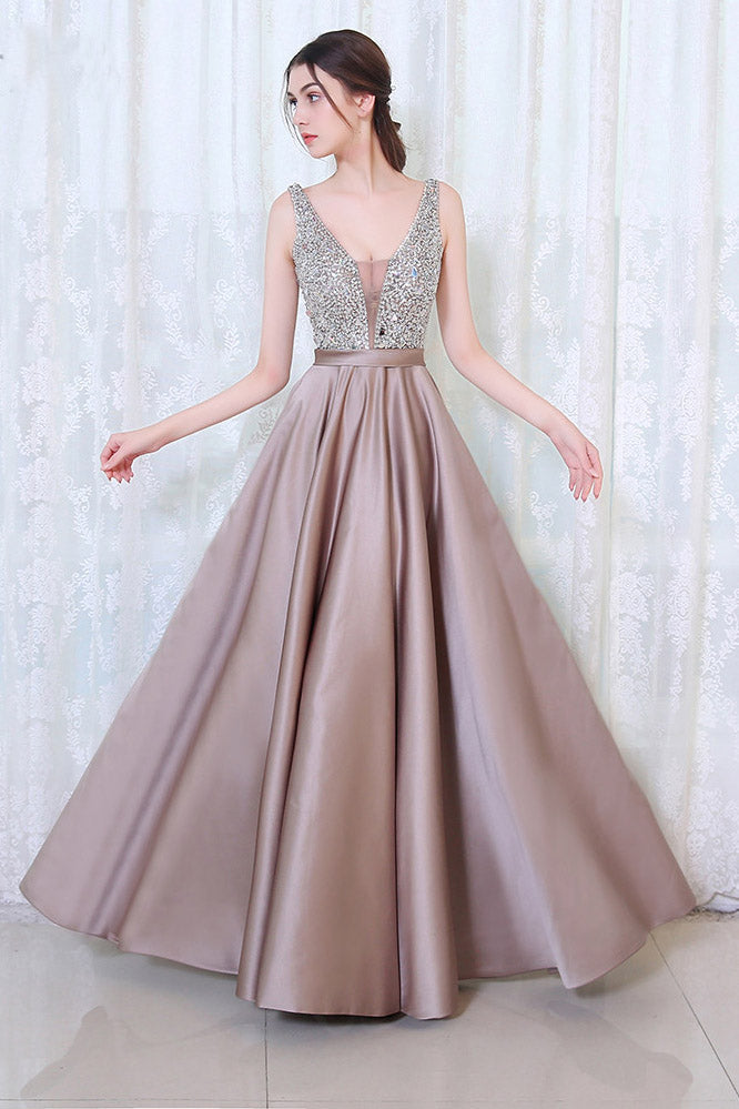 Gorgeous V Neck Satin Sleeveless Prom Dresses with Sequins