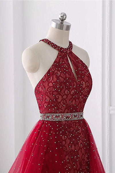 Buy Burgundy Short Lace Beaded Halter Backless Evening Prom Dresses ...