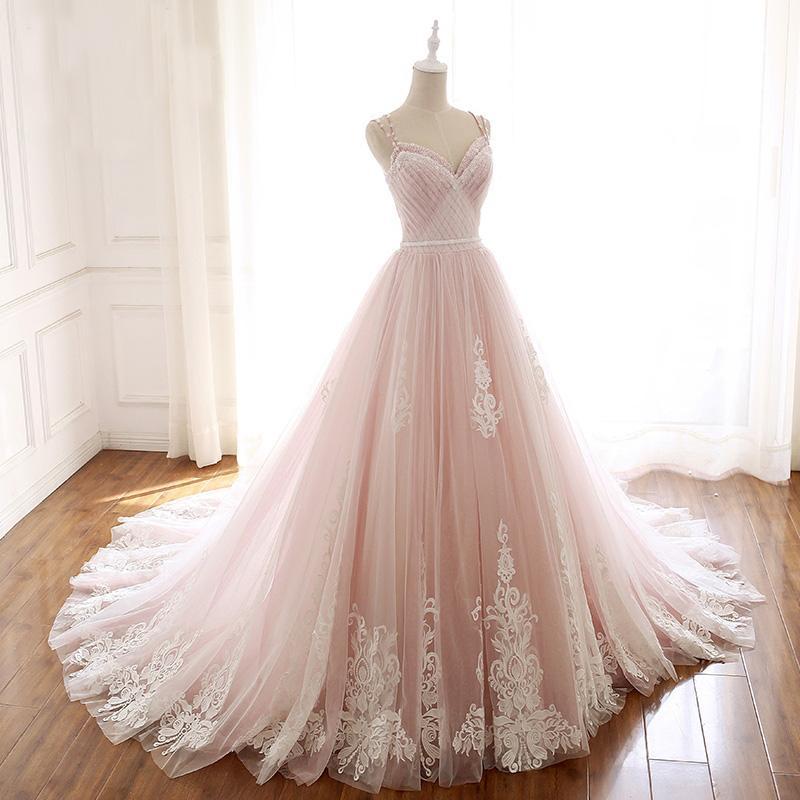Elegant Pink Sweetheart Tulle Lace Appliques Lace up Prom Evening Dresses