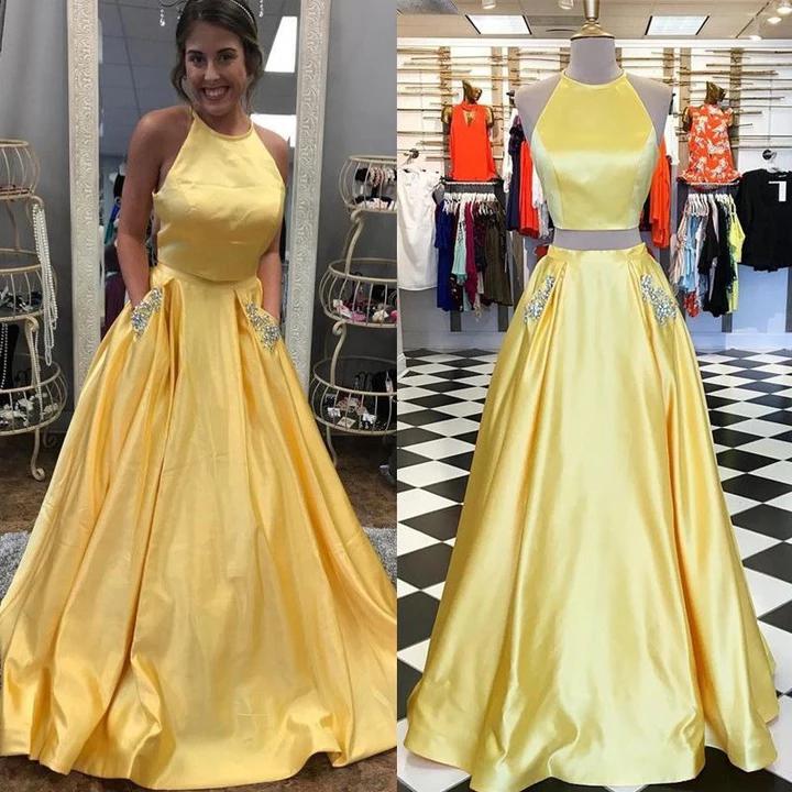 Yellow Satin Two Piece Halter Neck Beaded Long Prom Dress With Pocket, MP791