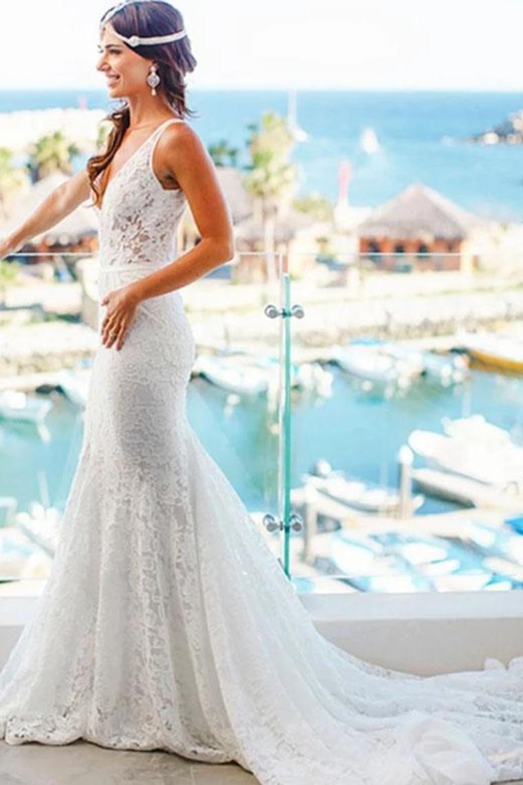 Romantic Deep V Neck Sleeveless Lace Wedding Dress Mermaid Wedding Dresses With SWKP2NSHCG1