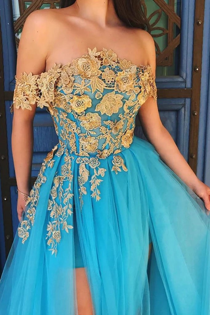 Elegant Off the Shoulder Blue Lace Prom Dresses with Gold Appliques Tulle Party Dresses SWK15187