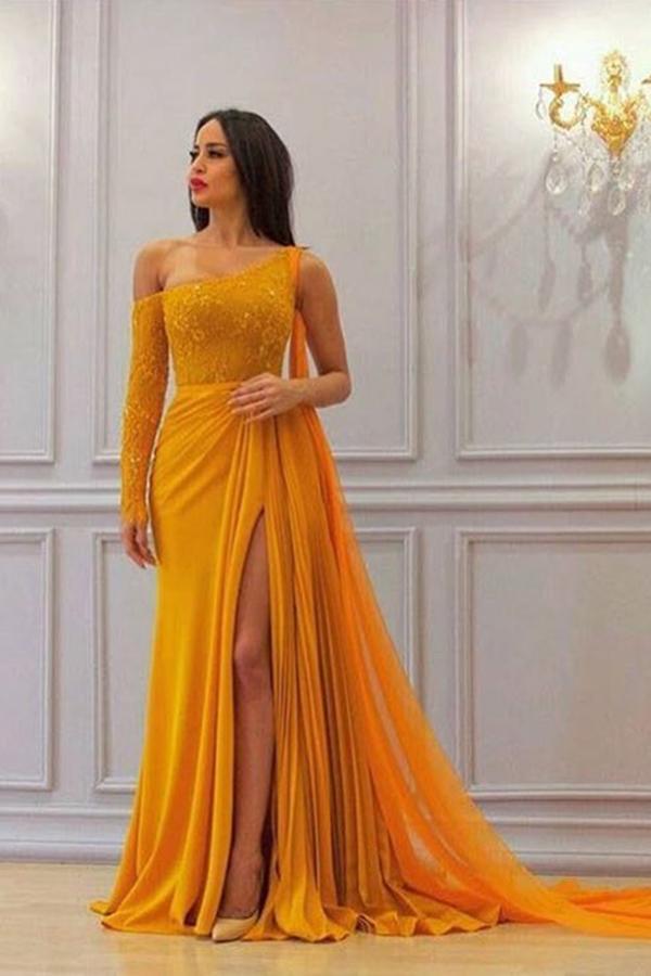 A Line Yellow One Long Sleeve Chiffon Prom Dresses High Slit Formal SWK10744