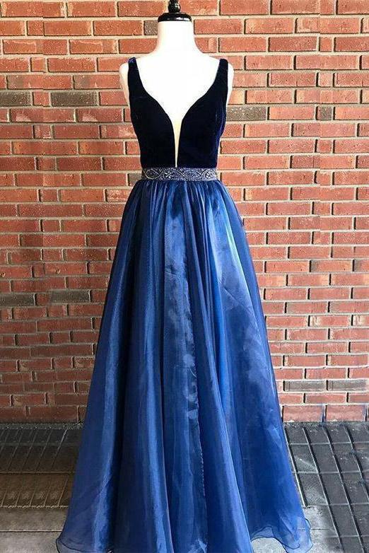 Elegant Deep V Neck Tulle Long Prom Dress With Beading Navy Blue Evening SWK12024