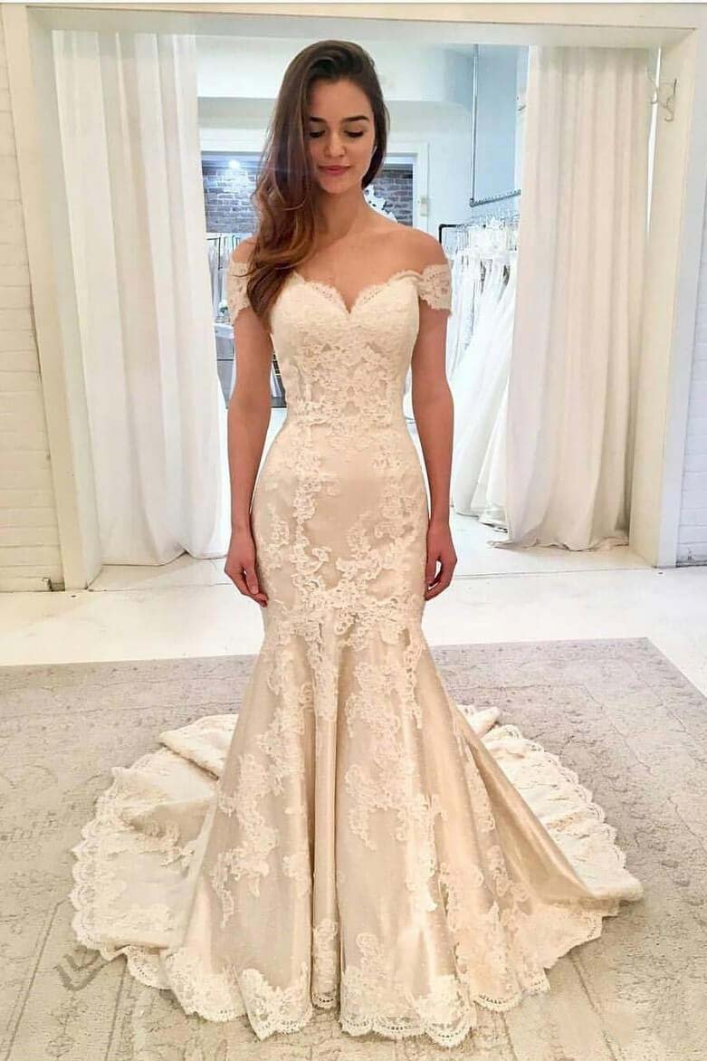 Off the Shoulder Lace Mermaid Sweetheart Wedding Dresses with Train Wedding SWK13089