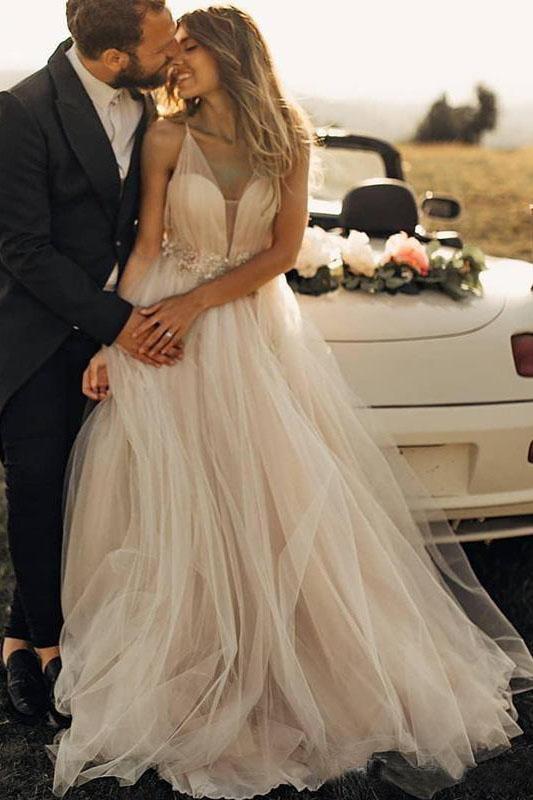 Spaghetti Straps Tulle Deep V-Neck Wedding Dresses, Romantic Bohemian Beach Bridal Dress SWK15421