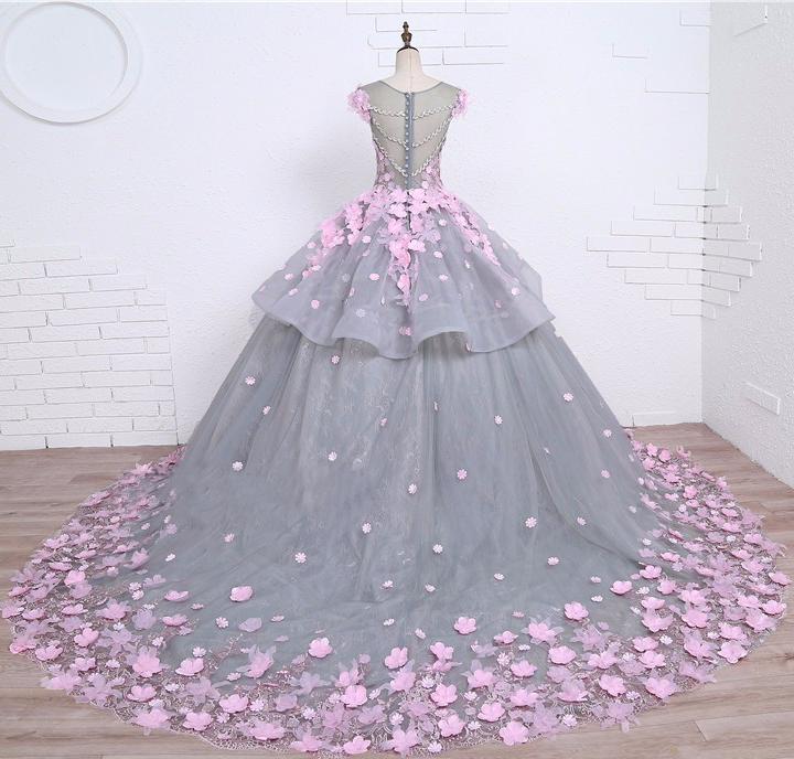 Scoop Ball Gown Gray Tulle Sleeveless Bowknot Empire Waist Wedding Dress with Pink Flowers WK576